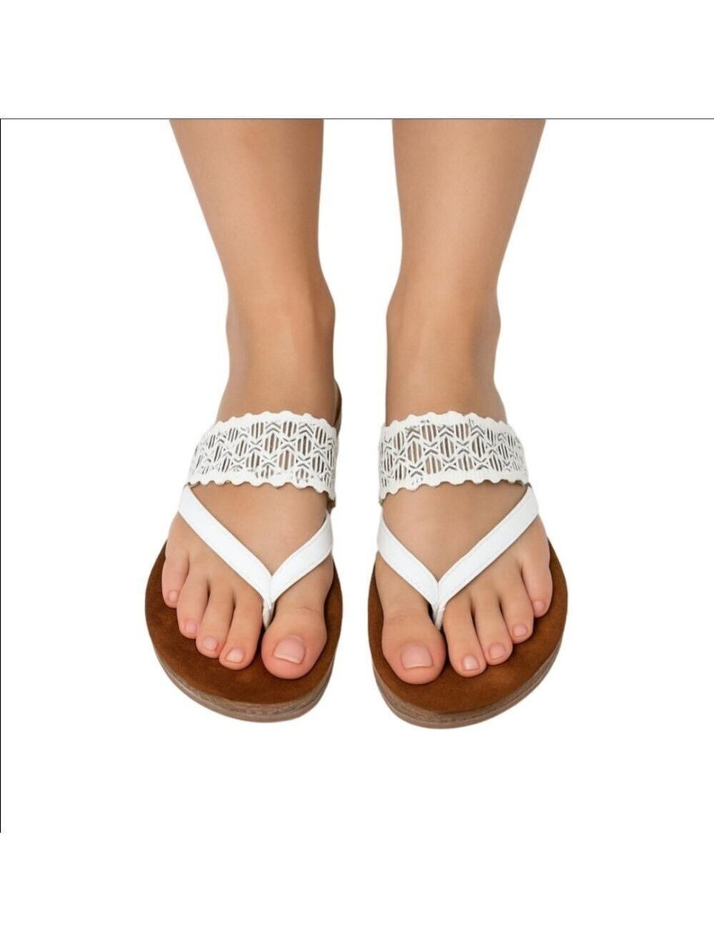 Sonia C White Scalloped Double-Strap Toe-Post Sandals with Brown Footbed